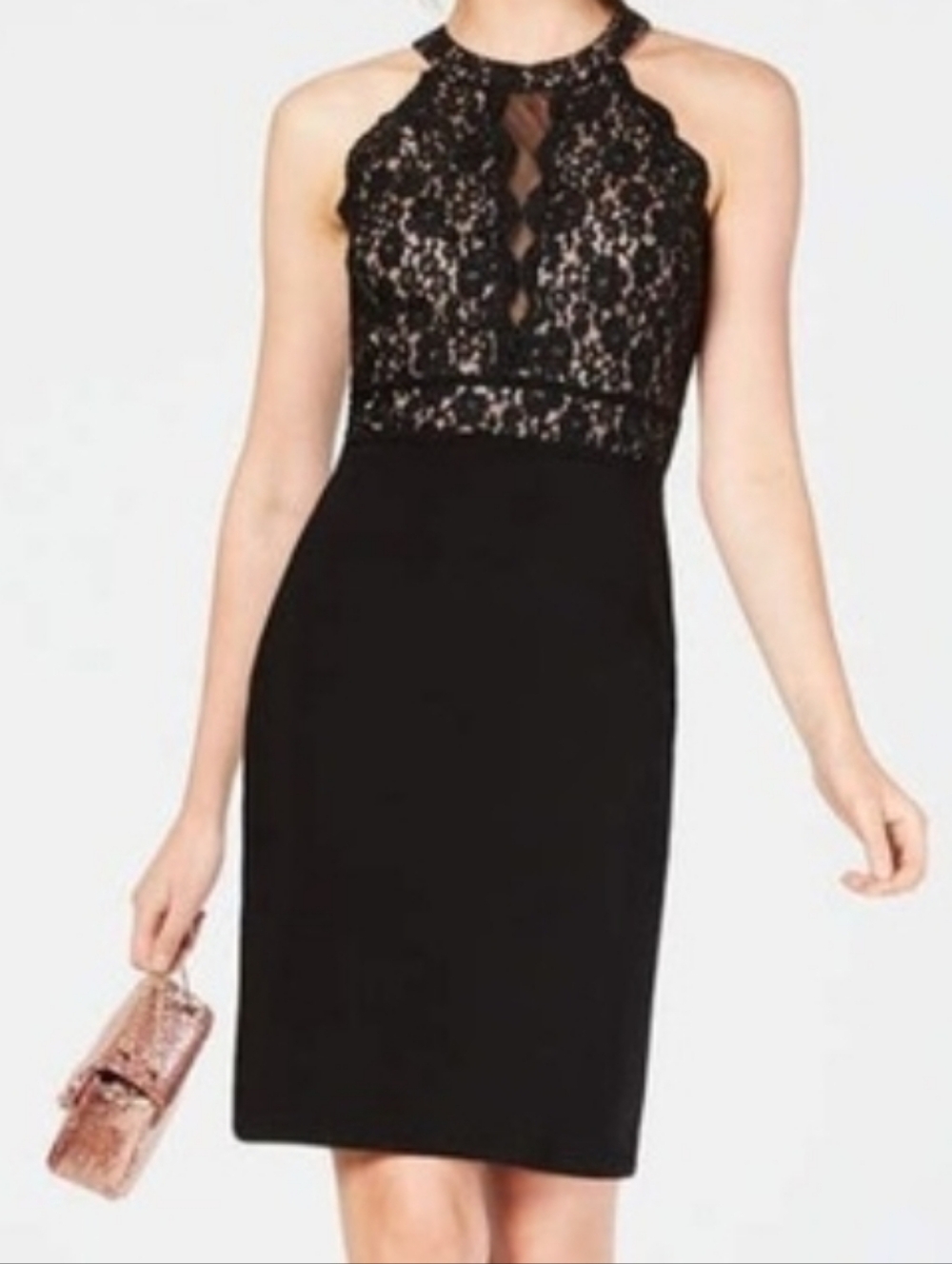 Morgan & Co. Black Lace Halter Sheath Cocktail Dress